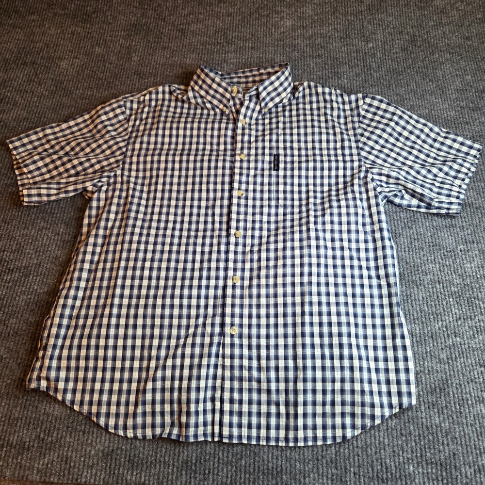 Columbia Mens Large Short Sleeve Gingham Button Down Shirt Navy‎ White XM7360